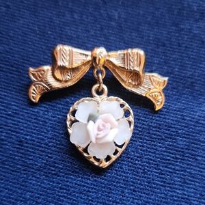 1928 Vintage Gold Heart Bow Pin/Brooch with White and Pink Rose, Mother's Day